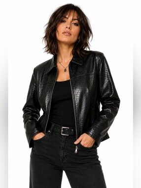 Vintage Saguaro Genuine Leather Croc-Embossed Black Jacket Y2K Style Size XL
